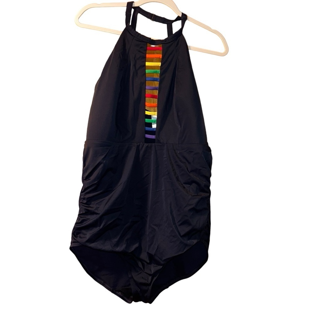 SWIM BY CACIQUE navy halter rainbow pride one Piece Swimsuit size 22